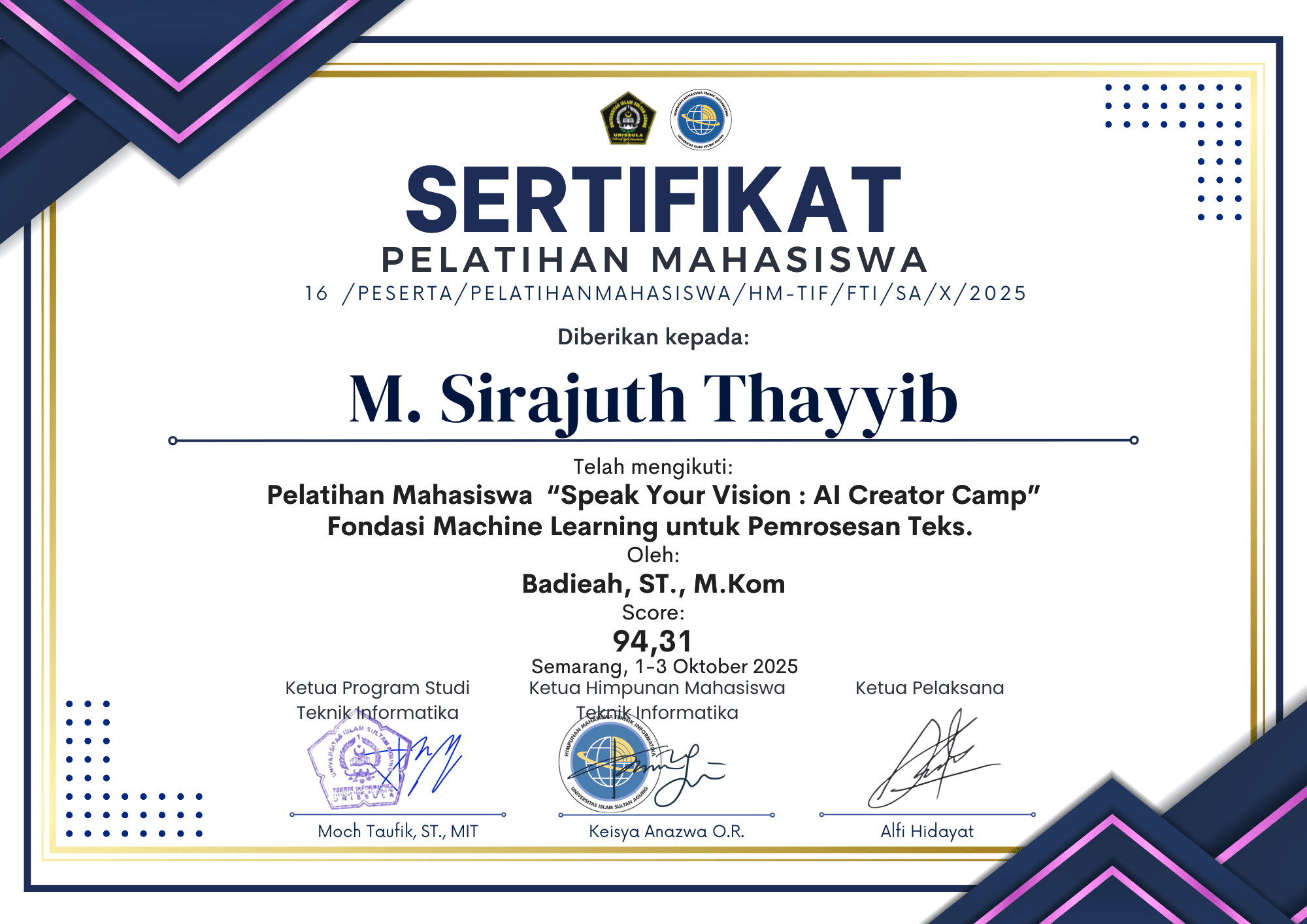 Pelatihan Mahasiswa "Speak Your Vision: AI Creator Camp" Fondasi Machine Learning untuk Pemrosesan Teks certificate