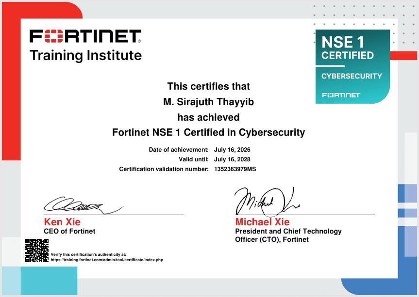 NSE 1 Certififed in Cybersecurity certificate