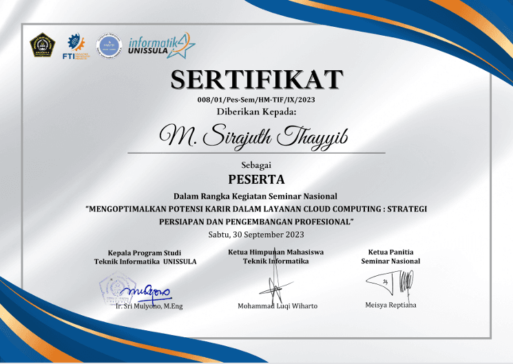 Seminar Nasional Himpunan Mahasiswa Teknik Informatika UNISSULA certificate