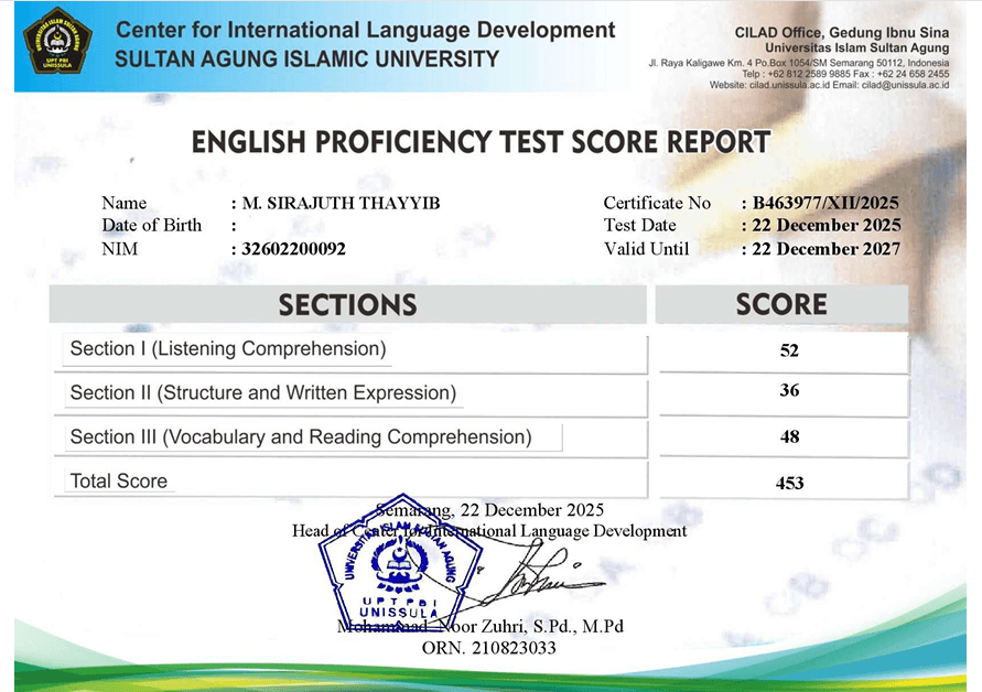TOEFL certificate